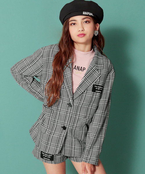 ANAP GiRL(アナップガール)の「プリント入チェック柄ジャケット(テーラードジャケット)」|グレー