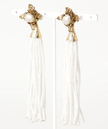 tone | 【flua】【vintage accessory】ブライダル 2way  淡水パール ヴィンテージ  コットンフラワー ロングビーズタッセル ピアス(ピアス（両耳用）)