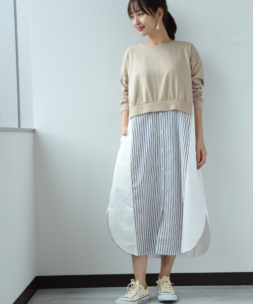 INTERPLANET(インタープラネット)の「ストライプ切替レイヤード風ワンピース(ワンピース・レディース・アイボリー/ブラック/ベージュ・FREE)」の3枚目の写真