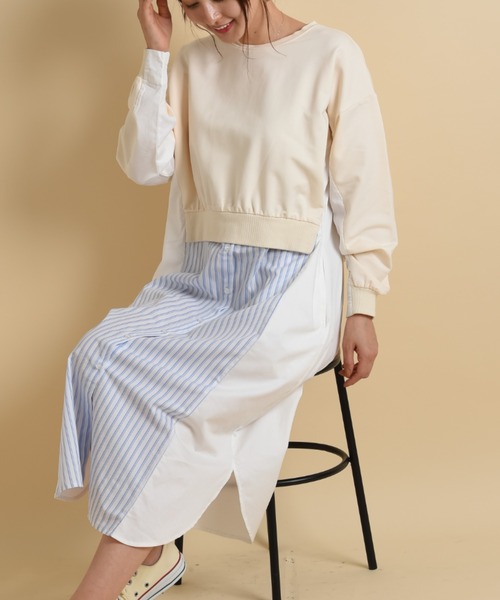 INTERPLANET(インタープラネット)の「ストライプ切替レイヤード風ワンピース(ワンピース・レディース・アイボリー/ブラック/ベージュ・FREE)」の1枚目の写真