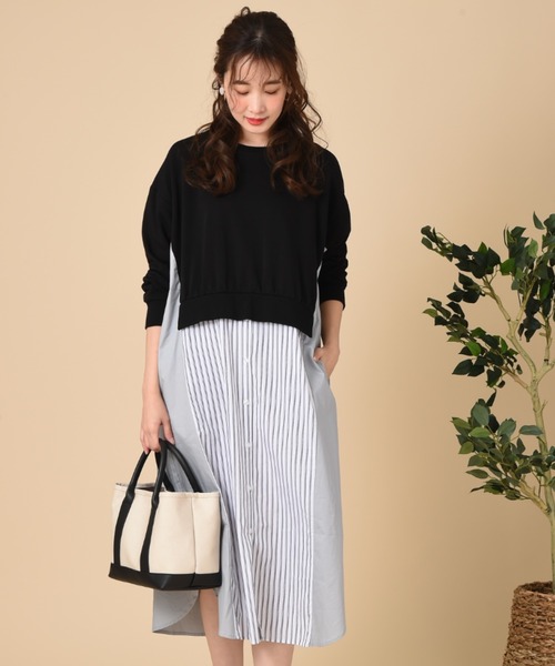 INTERPLANET(インタープラネット)の「ストライプ切替レイヤード風ワンピース(ワンピース・レディース・アイボリー/ブラック/ベージュ・FREE)」の2枚目の写真