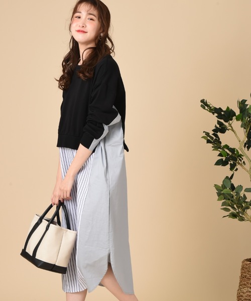 INTERPLANET(インタープラネット)の「ストライプ切替レイヤード風ワンピース(ワンピース・レディース・アイボリー/ブラック/ベージュ・FREE)」の6枚目の写真