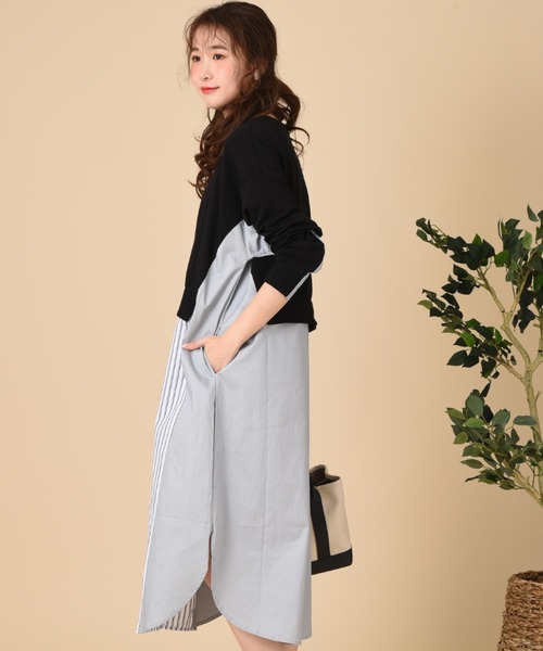 INTERPLANET(インタープラネット)の「ストライプ切替レイヤード風ワンピース(ワンピース・レディース・アイボリー/ブラック/ベージュ・FREE)」の7枚目の写真