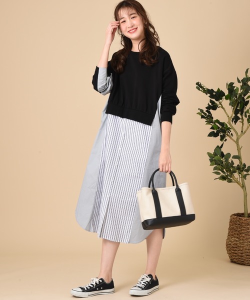 INTERPLANET(インタープラネット)の「ストライプ切替レイヤード風ワンピース(ワンピース・レディース・アイボリー/ブラック/ベージュ・FREE)」の8枚目の写真