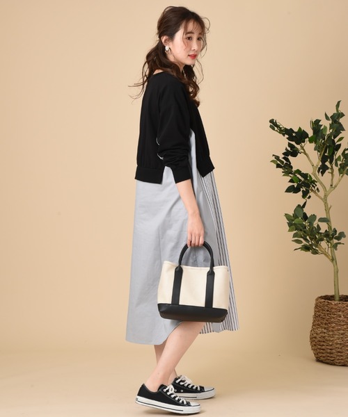 INTERPLANET(インタープラネット)の「ストライプ切替レイヤード風ワンピース(ワンピース・レディース・アイボリー/ブラック/ベージュ・FREE)」の9枚目の写真