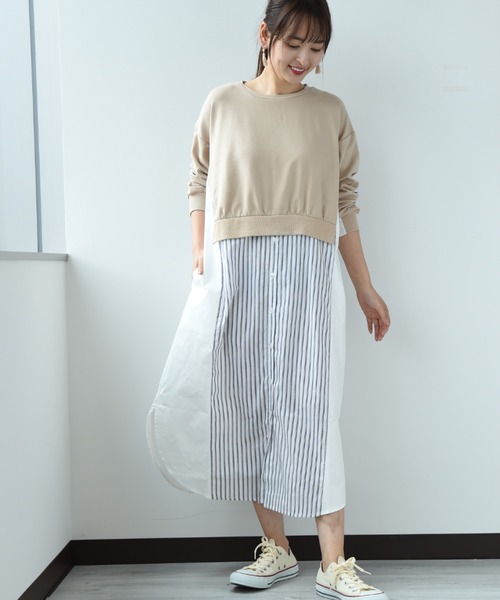 INTERPLANET(インタープラネット)の「ストライプ切替レイヤード風ワンピース(ワンピース・レディース・アイボリー/ブラック/ベージュ・FREE)」の12枚目の写真