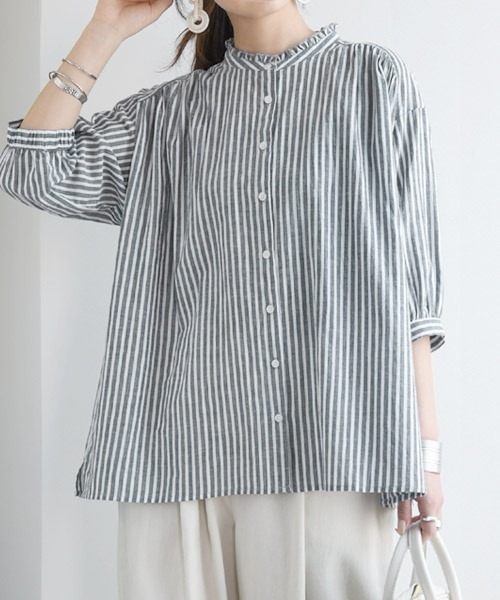 and it_（アンドイット）の「エミュラル emural フリル付6分袖コットンブラウス（シャツ/ブラウス・レディース・ブラック/ライトピンク/アイボリー/ライトグレー/サックスブルー/ストライプ/グレイッシュブルー・M-L）」の13枚目の写真