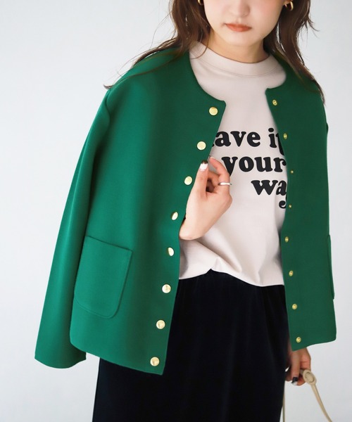 SLOBE IENA（スローブイエナ）の「ダブルフェイス クルージャケット【手洗い可能】◆（ノーカラージャケット・レディース・ネイビー/グリーン・FREE）」の2枚目の写真