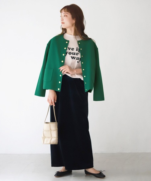 SLOBE IENA（スローブイエナ）の「ダブルフェイス クルージャケット【手洗い可能】◆（ノーカラージャケット・レディース・ネイビー/グリーン・FREE）」の19枚目の写真