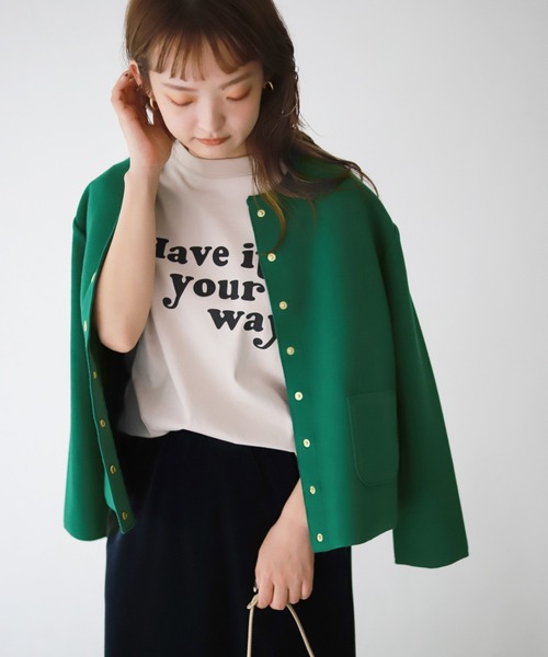 SLOBE IENA（スローブイエナ）の「ダブルフェイス クルージャケット【手洗い可能】◆（ノーカラージャケット・レディース・ネイビー/グリーン・FREE）」の20枚目の写真