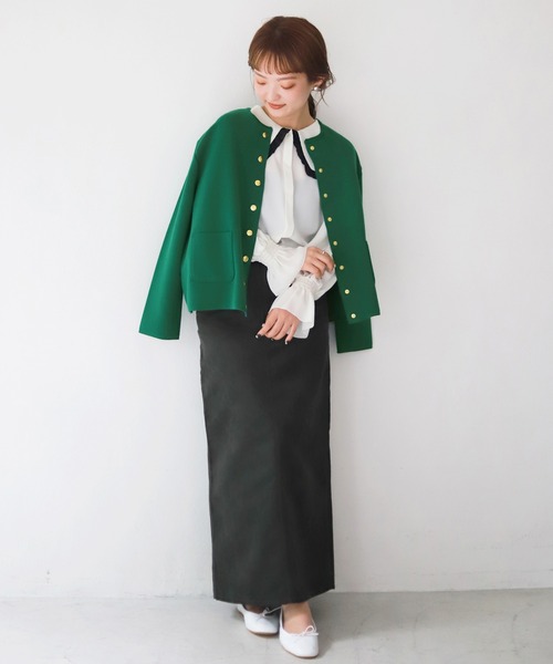 SLOBE IENA（スローブイエナ）の「ダブルフェイス クルージャケット【手洗い可能】◆（ノーカラージャケット・レディース・ネイビー/グリーン・FREE）」の22枚目の写真