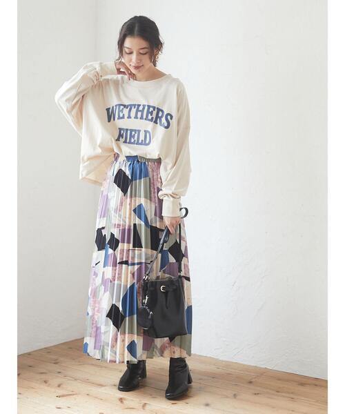 Green　Parks（グリーンパークス）の「・novem9 アートガラプリーツスカート＊（スカート・レディース・ブラック/パープル/カーキ・FREE）」の5枚目の写真