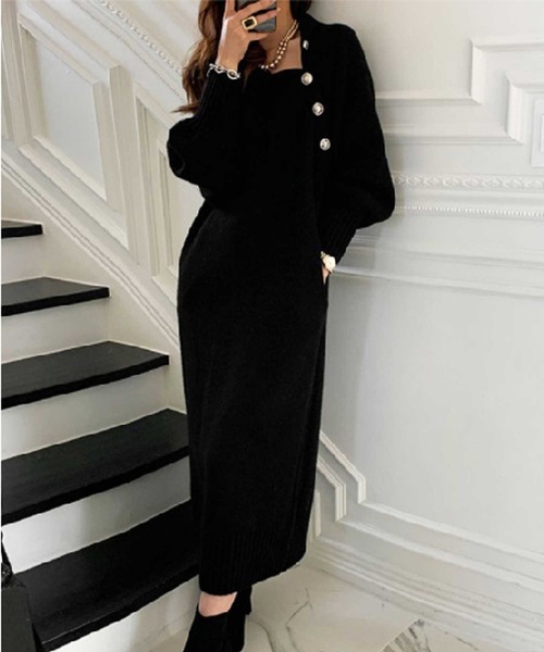 ハイネック2wayオフショルダーニットマキシワンピース