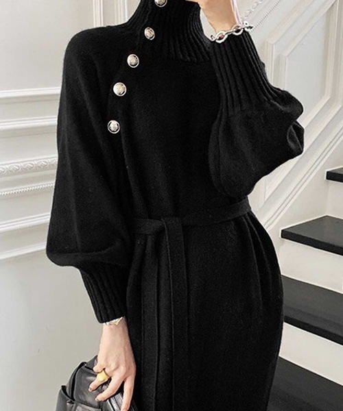 ハイネック2wayオフショルダーニットマキシワンピース