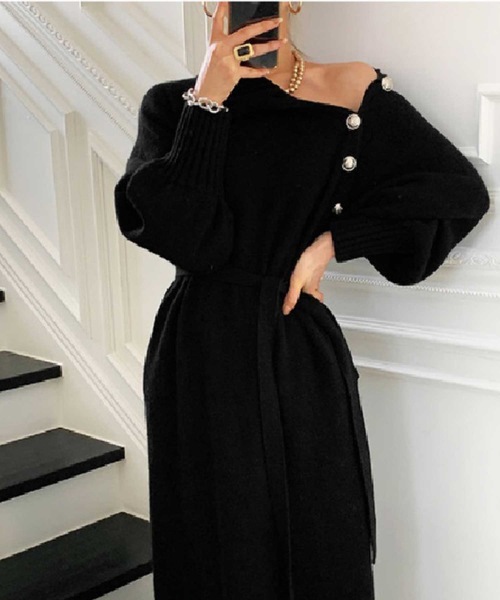 ハイネック2wayオフショルダーニットマキシワンピース