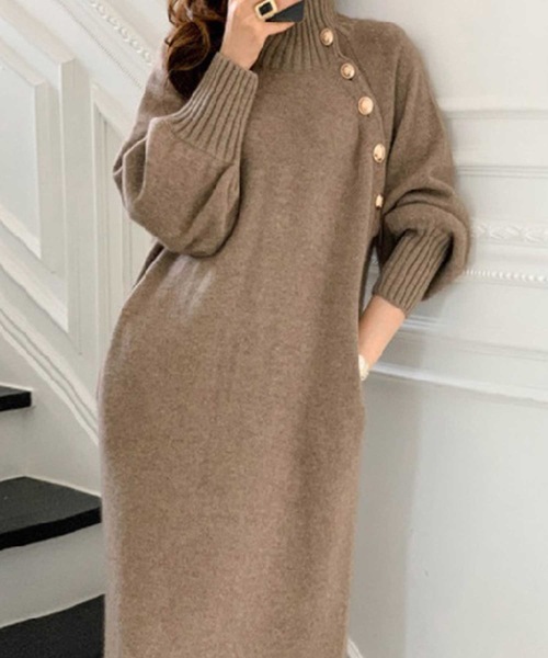 ハイネック2wayオフショルダーニットマキシワンピース