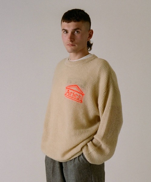 bonjour records（ボンジュールレコーズ）の「【ARIES】Waffle Knit Jumper（ニット/セーター・メンズ・ベージュ/グリーン・MEDIUM/LARGE）」の2枚目の写真