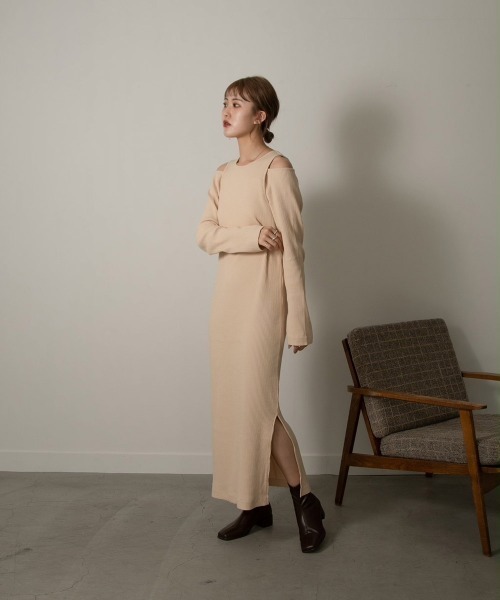 Amiur（エミレ）の「rib knit lady like ops（ワンピース・レディース・アイボリー/ベージュ/ブラウン・FREE）」の5枚目の写真