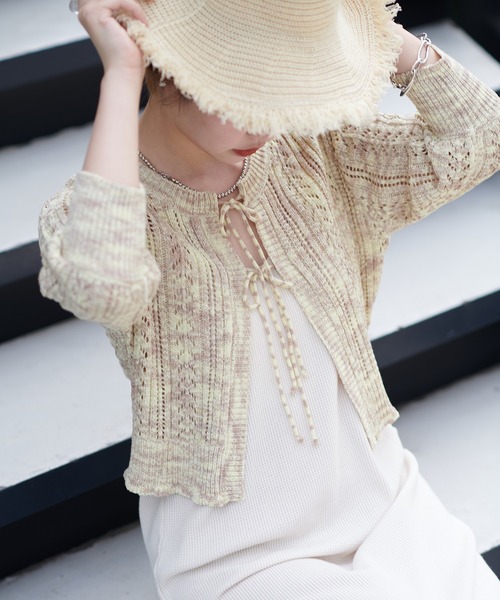 natural couture（ナチュラルクチュール）の「WEB限定/ダブルリボン透かし編みボレロカーディガン（カーディガン/ボレロ・レディース・ライトベージュ/イエロー/その他1・FREE）」の11枚目の写真