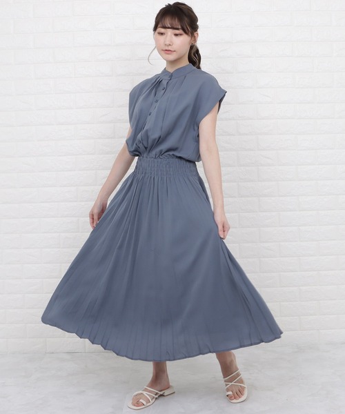 セール】バンドカラーフレンチスリーブプリーツワンピース（ワンピース