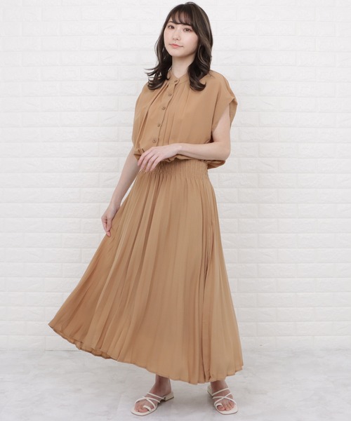 Lace Ladies（レースレディース）の「バンドカラーフレンチスリーブプリーツワンピース（ワンピース・レディース・ネイビー/モカ/ブルー/グレー・M/L/XL）」の2枚目の写真