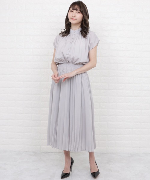 Lace Ladies（レースレディース）の「バンドカラーフレンチスリーブプリーツワンピース（ワンピース・レディース・ネイビー/モカ/ブルー/グレー・M/L/XL）」の10枚目の写真