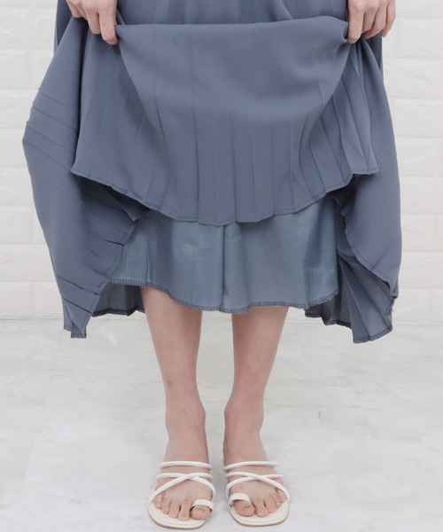 Lace Ladies（レースレディース）の「バンドカラーフレンチスリーブプリーツワンピース（ワンピース・レディース・ネイビー/モカ/ブルー/グレー・M/L/XL）」の6枚目の写真