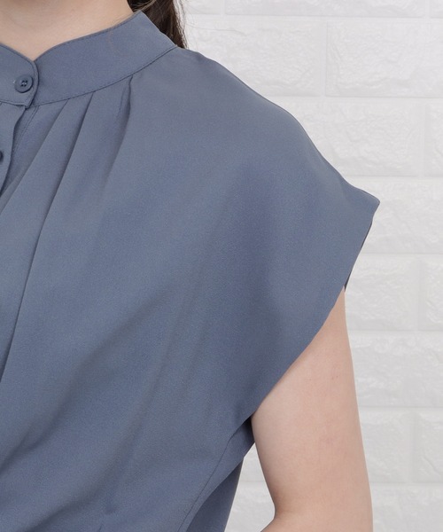 Lace Ladies（レースレディース）の「バンドカラーフレンチスリーブプリーツワンピース（ワンピース・レディース・ネイビー/モカ/ブルー/グレー・M/L/XL）」の9枚目の写真