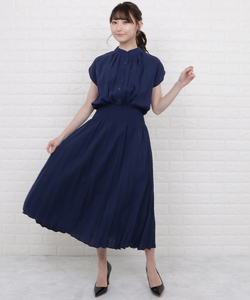 Lace Ladies（レースレディース）の「バンドカラーフレンチスリーブプリーツワンピース（ワンピース・レディース・ネイビー/モカ/ブルー/グレー・M/L/XL）」の8枚目の写真