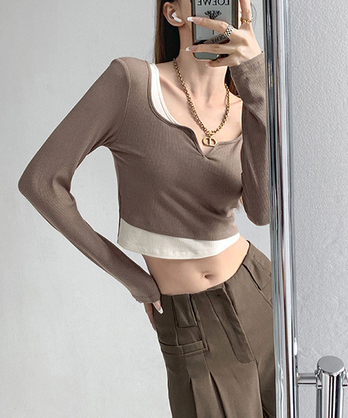 c.u.l（シーユーエル）の「ゆるくしゅ レイヤード風カットソー culw380（Tシャツ/カットソー・レディース・グレー/ブラック/アイボリー/ベージュ・M/S）」の9枚目の写真