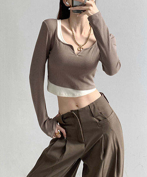 c.u.l（シーユーエル）の「ゆるくしゅ レイヤード風カットソー culw380（Tシャツ/カットソー・レディース・グレー/ブラック/アイボリー/ベージュ・M/S）」の5枚目の写真