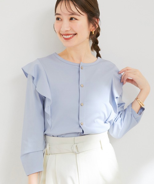 VIS（ビス）の「【接触冷感・洗える】【前後2WAY】シルケットフリルアレンジトップス（Tシャツ/カットソー・レディース・ブラック/ホワイト/サックスブルー・FREE）」の3枚目の写真