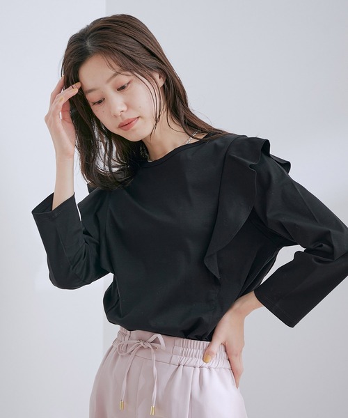 VIS（ビス）の「【接触冷感・洗える】【前後2WAY】シルケットフリルアレンジトップス（Tシャツ/カットソー・レディース・ブラック/ホワイト/サックスブルー・FREE）」の8枚目の写真