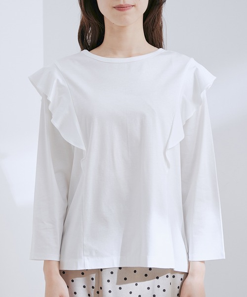 VIS（ビス）の「【接触冷感・洗える】【前後2WAY】シルケットフリルアレンジトップス（Tシャツ/カットソー・レディース・ブラック/ホワイト/サックスブルー・FREE）」の14枚目の写真