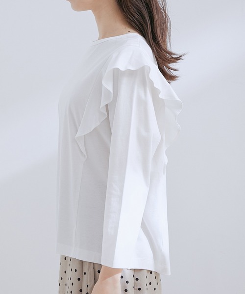 VIS（ビス）の「【接触冷感・洗える】【前後2WAY】シルケットフリルアレンジトップス（Tシャツ/カットソー・レディース・ブラック/ホワイト/サックスブルー・FREE）」の15枚目の写真