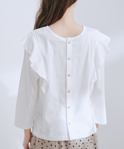 VIS（ビス）の「【接触冷感・洗える】【前後2WAY】シルケットフリルアレンジトップス（Tシャツ/カットソー・レディース・ブラック/ホワイト/サックスブルー・FREE）」の16枚目の写真