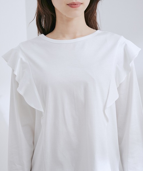 VIS（ビス）の「【接触冷感・洗える】【前後2WAY】シルケットフリルアレンジトップス（Tシャツ/カットソー・レディース・ブラック/ホワイト/サックスブルー・FREE）」の17枚目の写真