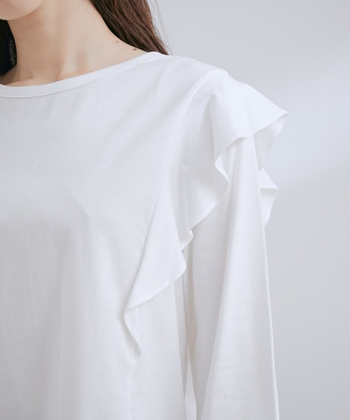 VIS（ビス）の「【接触冷感・洗える】【前後2WAY】シルケットフリルアレンジトップス（Tシャツ/カットソー・レディース・ブラック/ホワイト/サックスブルー・FREE）」の18枚目の写真