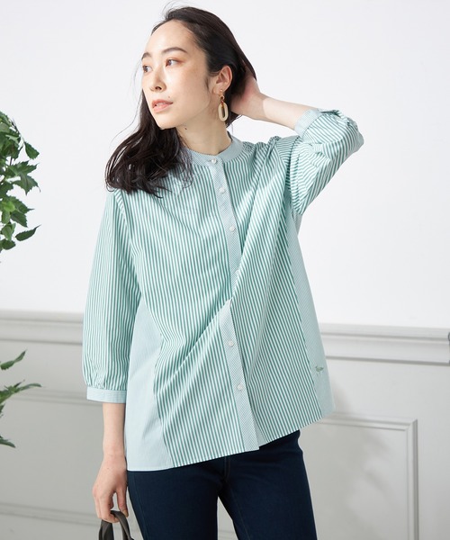 DECOY SINCE 1981(デコイシンスイチキュウハチイチ)の「【オーガニックコットン】ストライプブラウス(シャツ/ブラウス・レディース・グリーン/ベージュ/ブルー・11号/9号)」の4枚目の写真