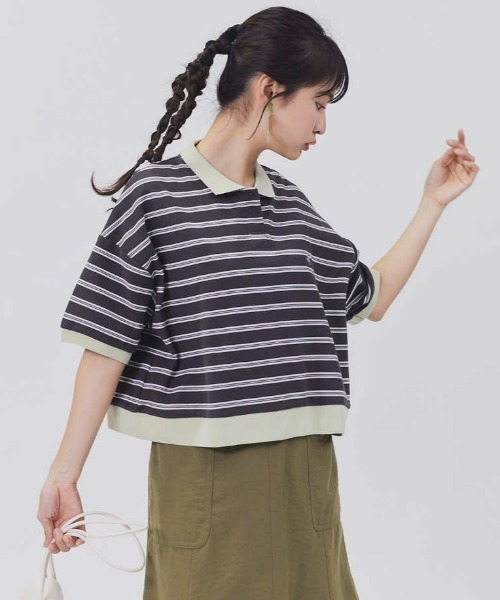 Right-on(ライトオン)の「【BEVERLY HILLS POLO CLUB】マルチボーダーポロシャツ(Tシャツ/カットソー・レディース・ダークグレー/パープル/キナリ・L/M)」の1枚目の写真