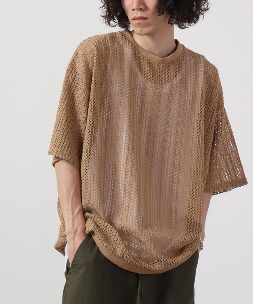 ATELANE(アテレーン)の「ルーズシルエット透かし編み半袖Tシャツ(Tシャツ/カットソー・メンズ・ブラック/ベージュ/ホワイト・M/L)」の1枚目の写真