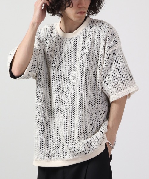 ATELANE(アテレーン)の「ルーズシルエット透かし編み半袖Tシャツ(Tシャツ/カットソー・メンズ・ブラック/ベージュ/ホワイト・M/L)」の2枚目の写真