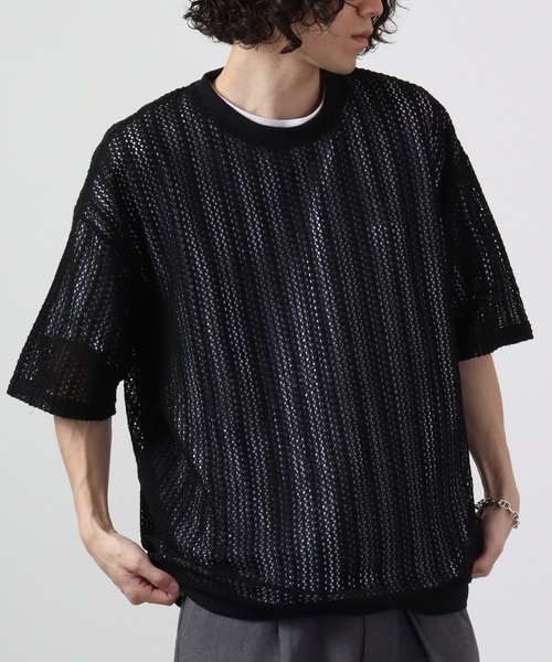 ATELANE(アテレーン)の「ルーズシルエット透かし編み半袖Tシャツ(Tシャツ/カットソー・メンズ・ブラック/ベージュ/ホワイト・M/L)」の3枚目の写真