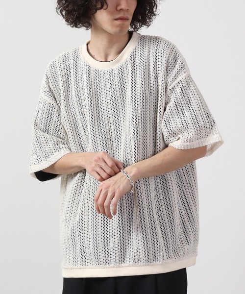 ATELANE(アテレーン)の「ルーズシルエット透かし編み半袖Tシャツ(Tシャツ/カットソー・メンズ・ブラック/ベージュ/ホワイト・M/L)」の5枚目の写真