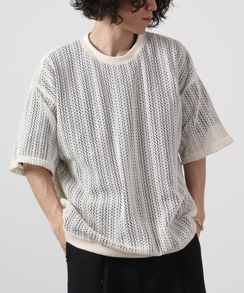 ATELANE(アテレーン)の「ルーズシルエット透かし編み半袖Tシャツ(Tシャツ/カットソー・メンズ・ブラック/ベージュ/ホワイト・M/L)」の4枚目の写真