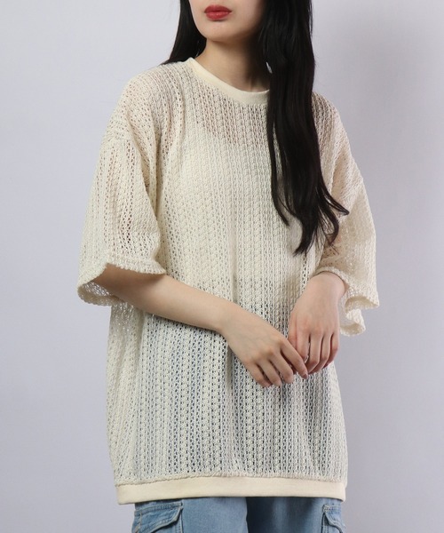 ATELANE(アテレーン)の「ルーズシルエット透かし編み半袖Tシャツ(Tシャツ/カットソー・メンズ・ブラック/ベージュ/ホワイト・M/L)」の14枚目の写真