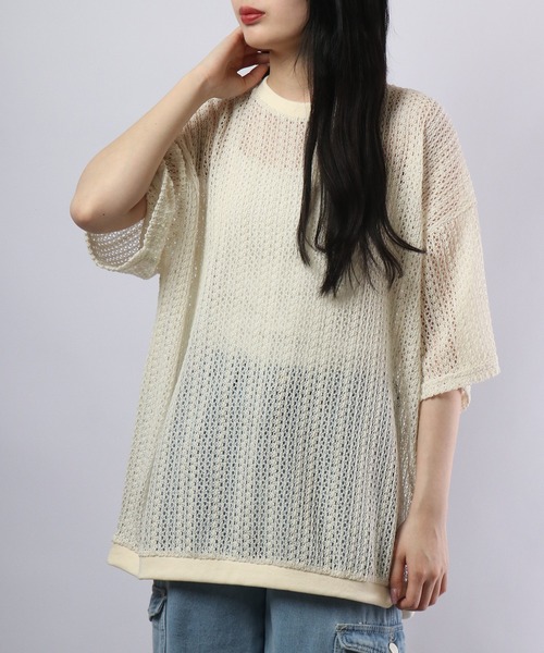 ATELANE(アテレーン)の「ルーズシルエット透かし編み半袖Tシャツ(Tシャツ/カットソー・メンズ・ブラック/ベージュ/ホワイト・M/L)」の12枚目の写真