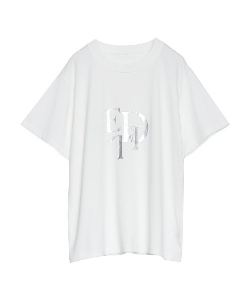 Re:EDIT（リエディ）の「[華奢見えが叶う][着た瞬間ひんやり][接触冷感][UVカット]スタックロゴプリントTシャツ（Tシャツ/カットソー・レディース・ブラック/ホワイト×ブラック/ホワイト×ブルー/ネイビー×ホワイト/チャコール/グレー系その他/ホワイト×シルバー・MEDIUM/LARGE）」の3枚目の写真