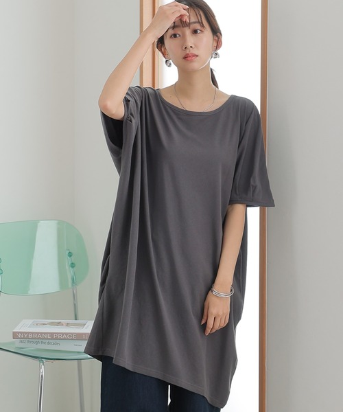 ElegChic（エレグシック）の「5分袖アシメプルオーバー（Tシャツ/カットソー・レディース・ブラウン系その他/チャコールグレー/ホワイト/ブラック/カーキ・M/4L/XL）」の8枚目の写真
