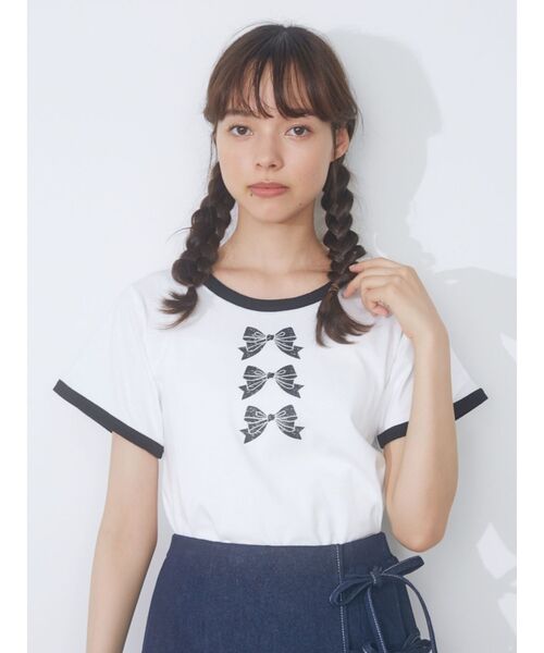 セール】リボンプリントリンガーTee（Tシャツ/カットソー